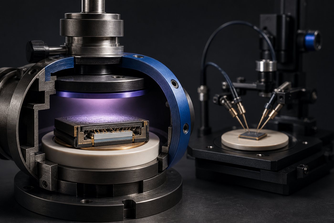 Un composant GaN préparé pour valider en laboratoire le revêtement diamant de HexSeed Technology.