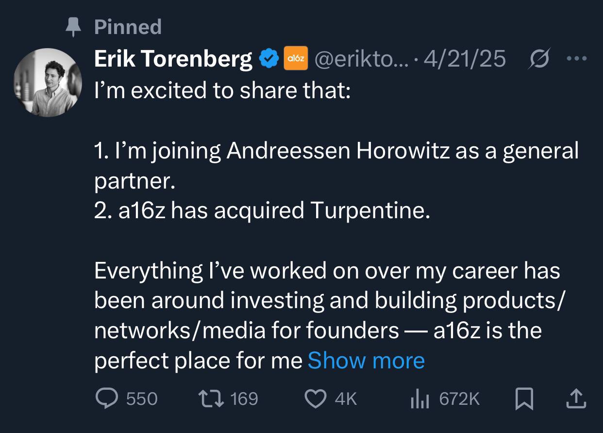 a16z Acquires Podcast Network Turpentine, Appoints Founder Erik Torenberg as General Partner