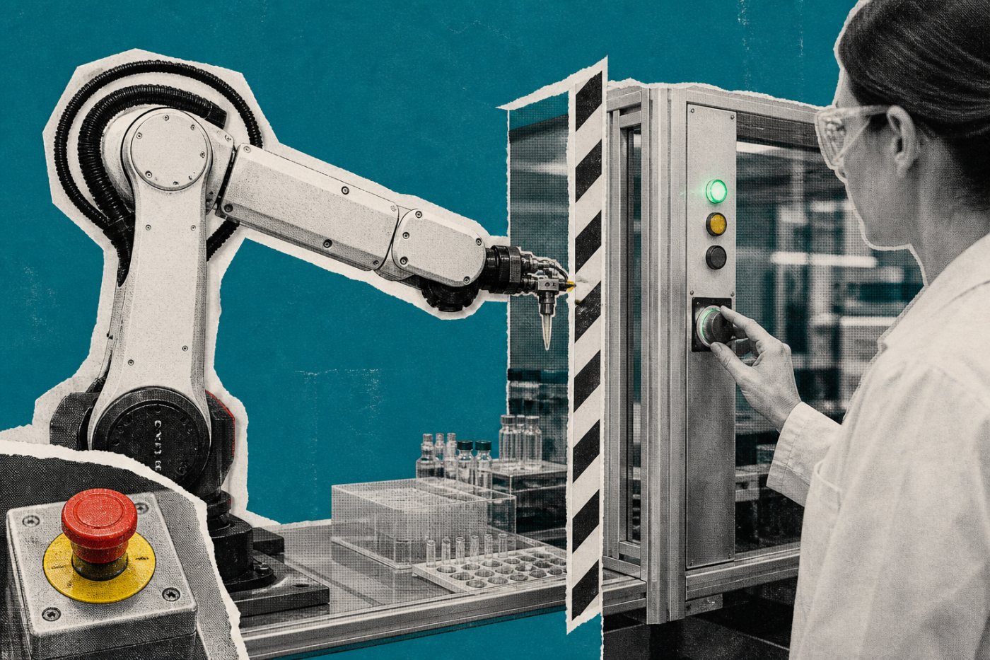 Un bras robotique est arrêté à une limite de sécurité pendant qu’un expert contrôle l’action physique en attente.