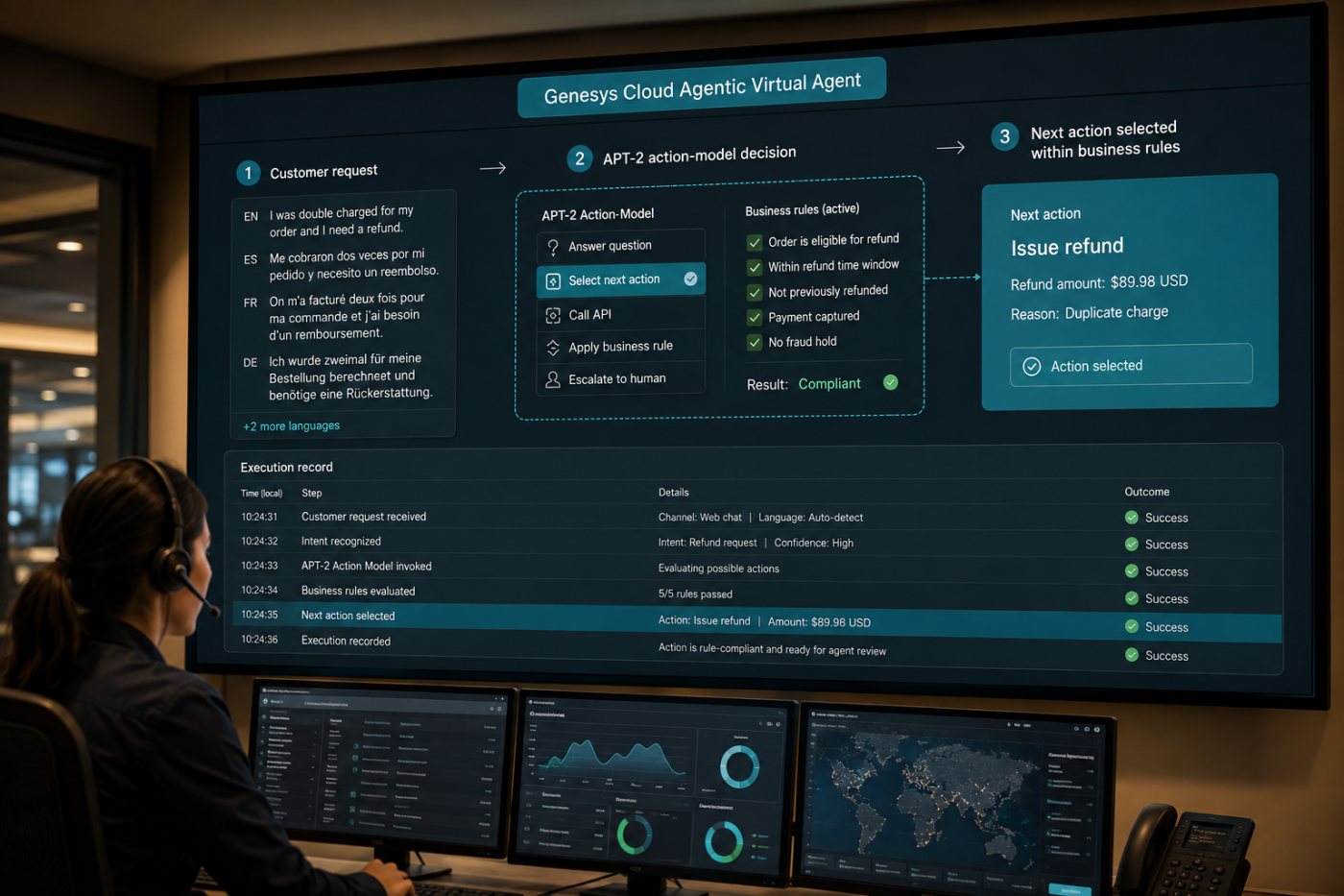 Genesys Cloud Agentic Virtual Agent memakai APT-2 untuk mengubah permintaan pelanggan menjadi tindakan yang tetap berada dalam aturan bisnis.