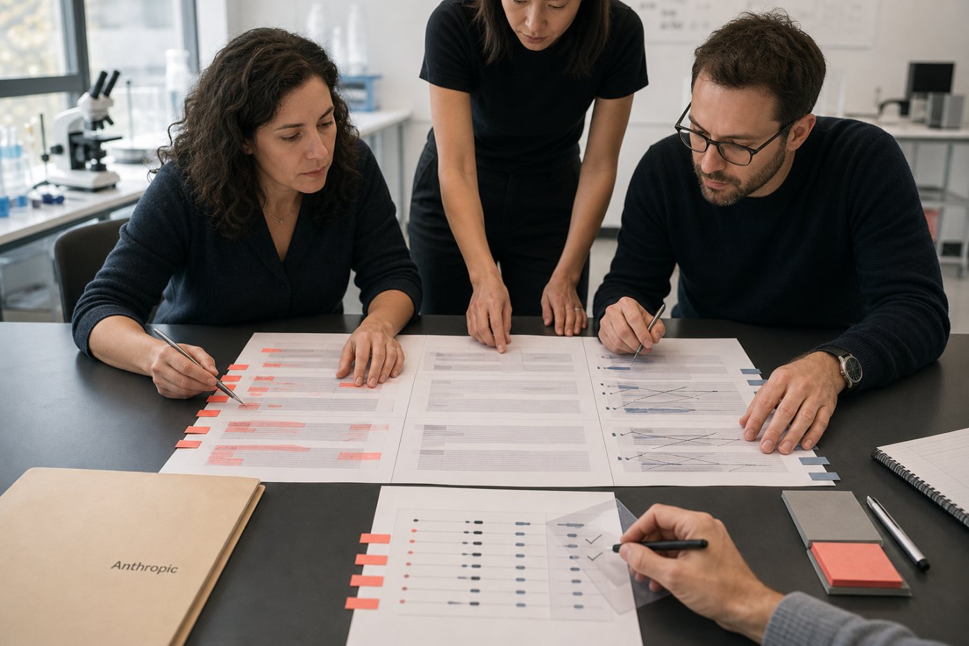 Des spécialistes valident une conversation à plusieurs tours en comparant conformité nuisible, sur-refus et notation automatisée.