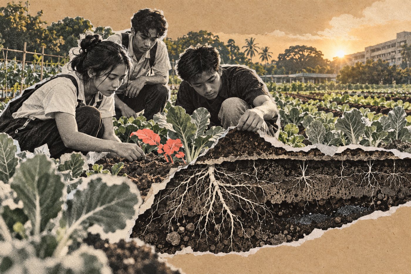 Mga mag-aaral sa taniman ng unibersidad na nagsasagawa ng gawaing kaugnay ng pananaliksik sa seguridad sa pagkain.