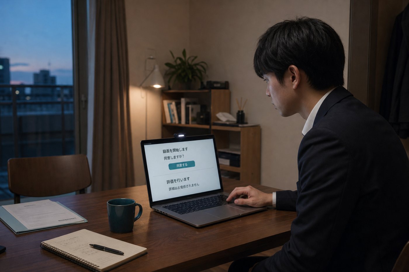 応募者が人間の同席しないAI面接で評価項目と人による確認の有無を確かめる場面