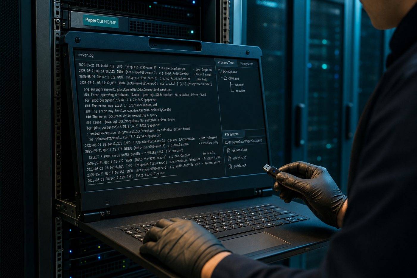 Revisión forense de un servidor PaperCut con registros truncados, entradas JDBC anómalas y actividad sospechosa de pc-app.