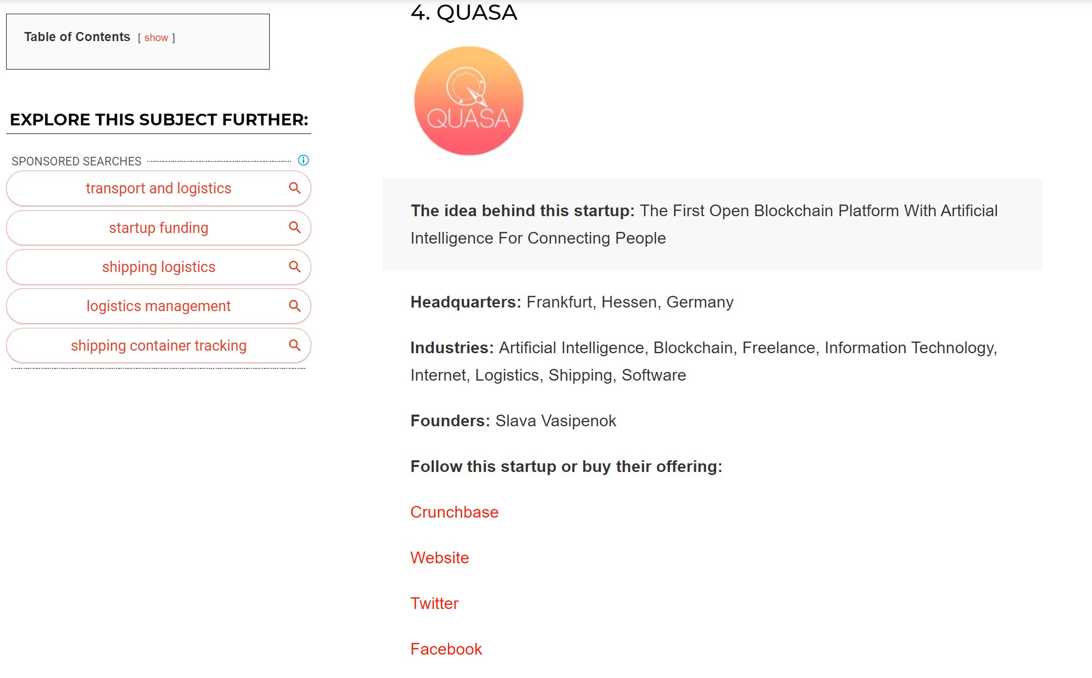 Quasa nominated as a top Shipping startup by Welp Magazine