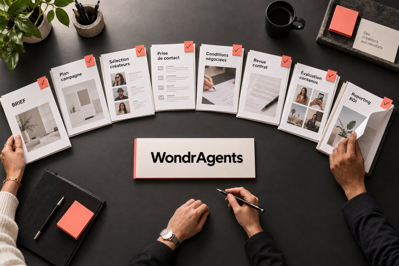 WondrAgents transforme un brief en sorties opérationnelles couvrant sept étapes d’une campagne d’influence.