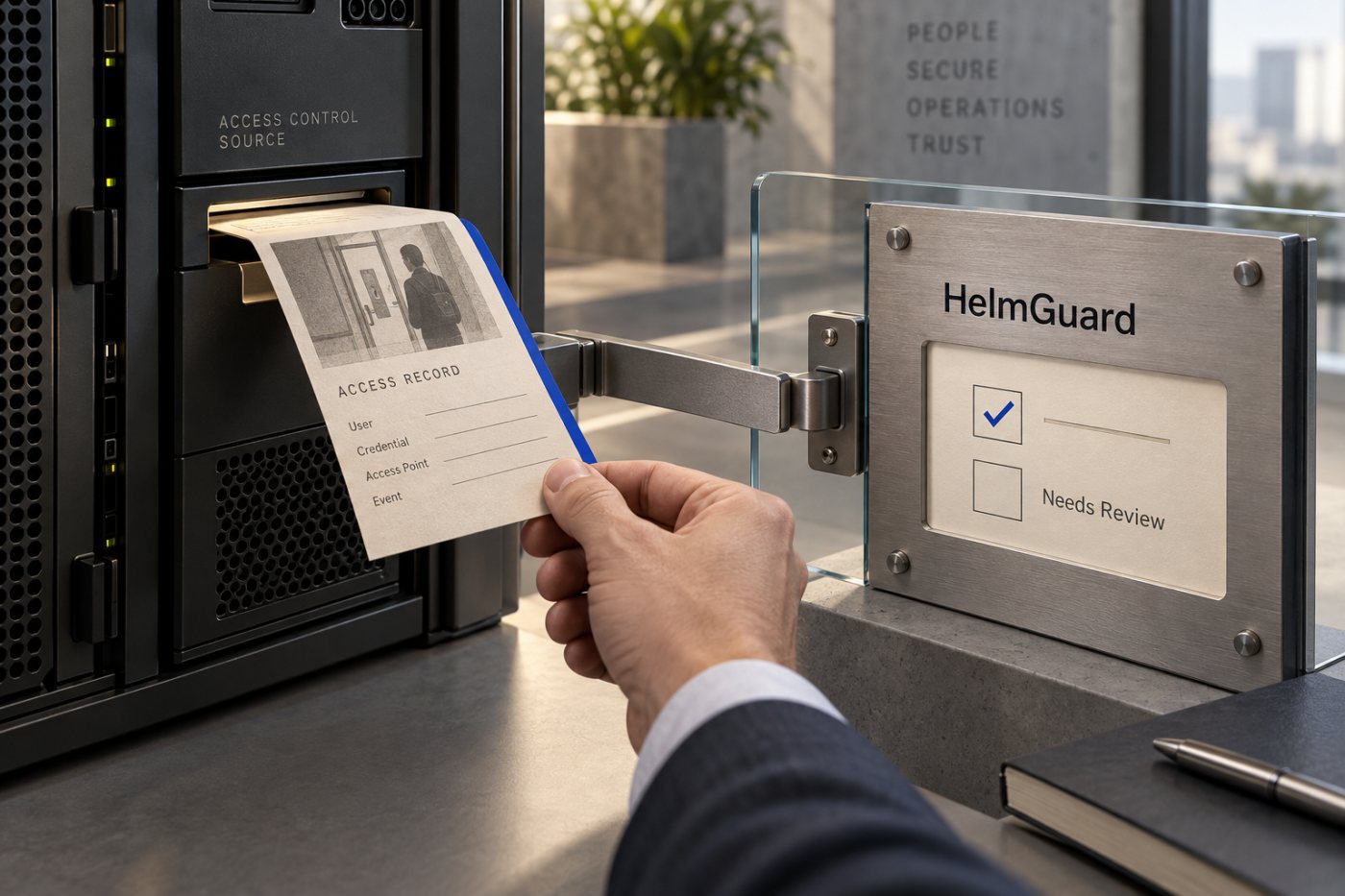 Ein HelmGuard-Agent verknüpft einen aktuellen Systemnachweis mit einer Risikobewertung und legt ihn zur menschlichen Prüfung vor.