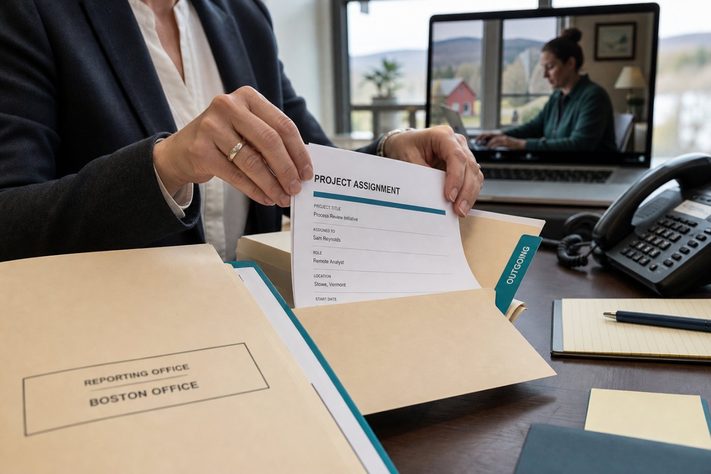 A manager at an assigned office directs work to a home-based employee, establishing the reporting location used for FMLA eligibility.