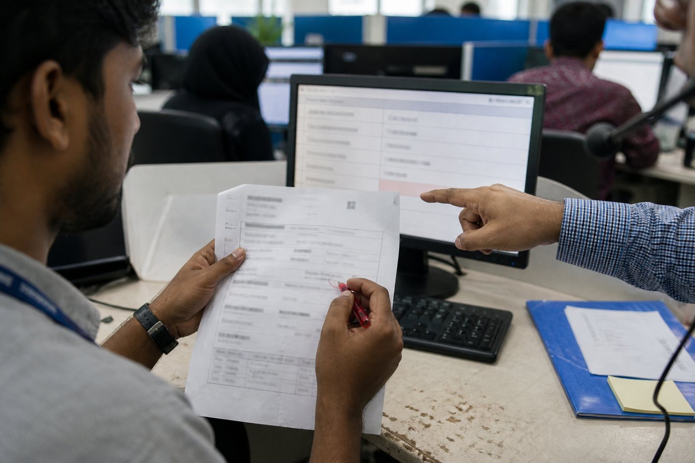 BPO কর্মী স্বয়ংক্রিয়ভাবে তোলা তথ্য মূল নথির সঙ্গে মিলিয়ে ভুল সংশোধন ও জটিল কেস আলাদা করছেন