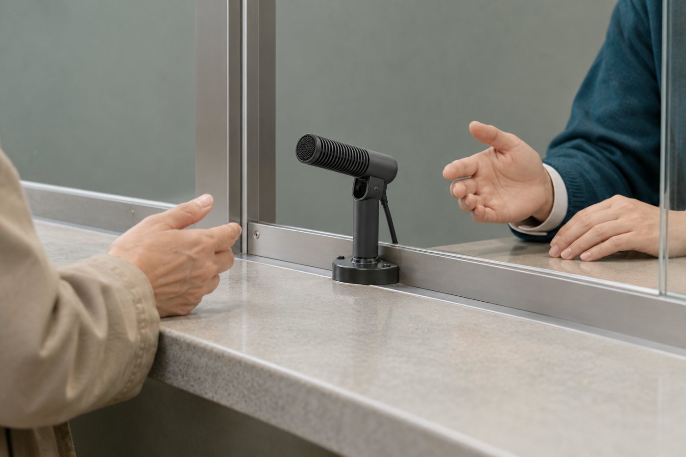 自治体窓口で住民と職員の会話を収音し、発話者ごとに整理する場面