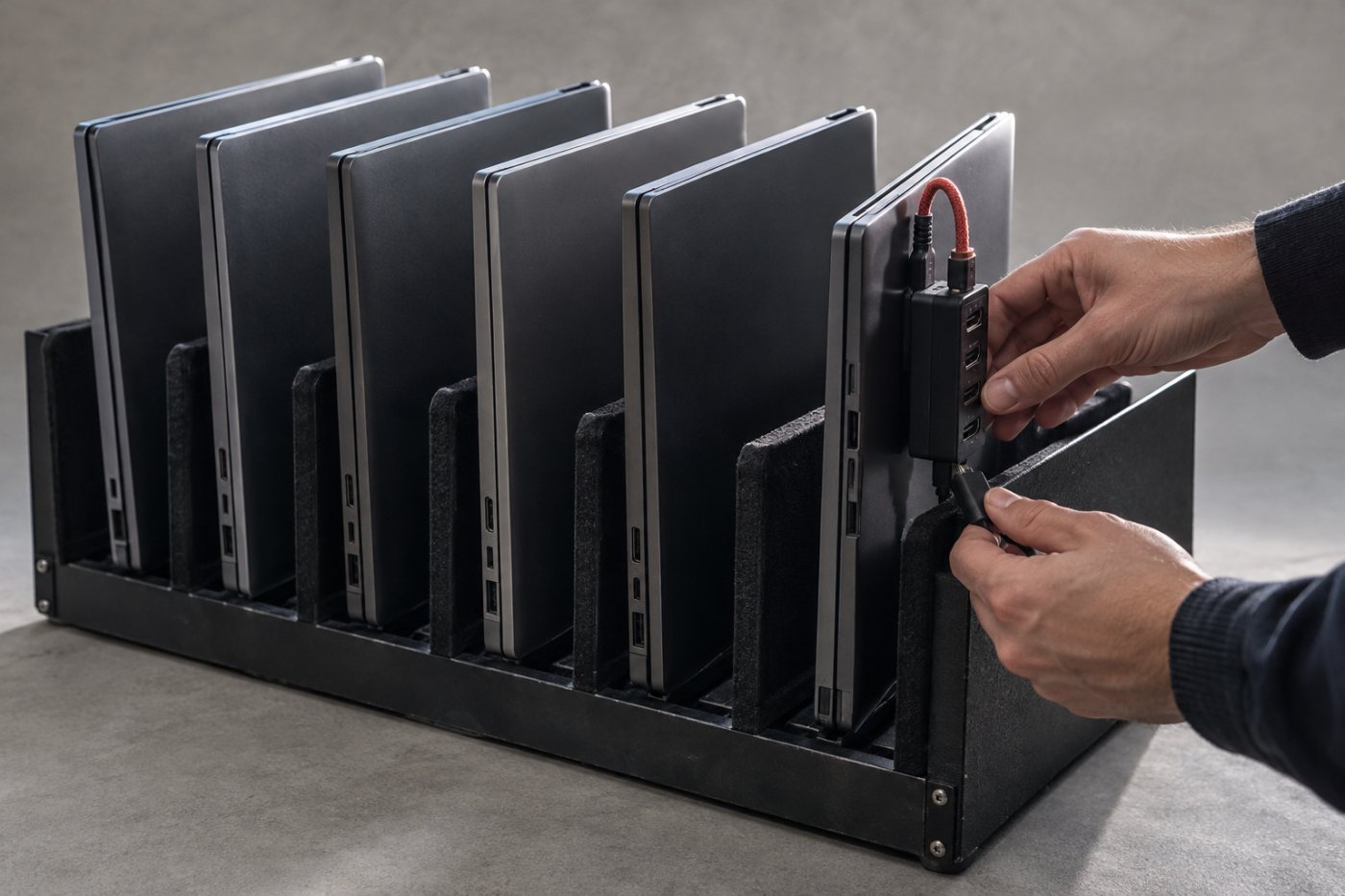 Una inspección del portátil corporativo detecta un dispositivo KVM que permitiría controlar el equipo a distancia.