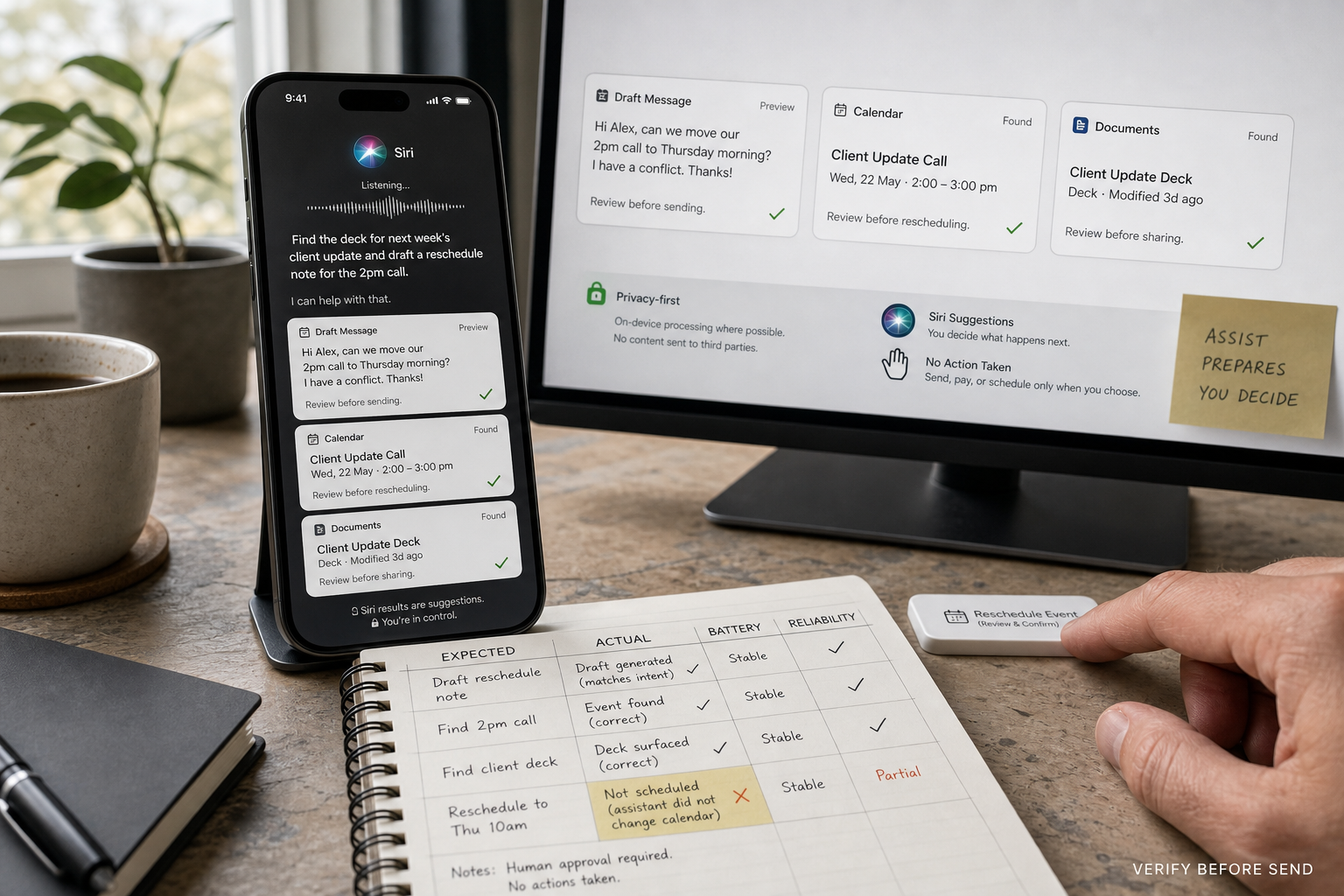 A repeatable Siri AI test matrix records contextual prompts, app actions, and reliability results during iOS 27 beta testing