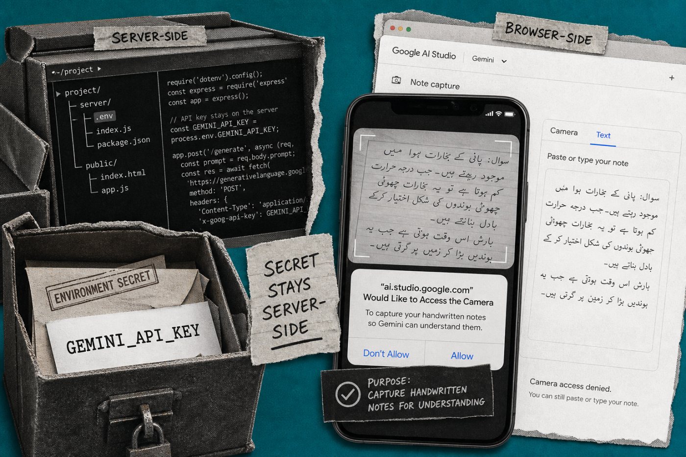 Gemini app میں server-side API secret اور واضح مقصد کے ساتھ محدود camera permission