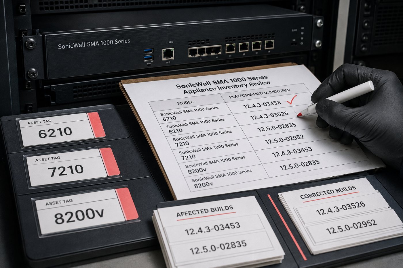 SonicWall SMA1000 deployments are sorted by vulnerable and fixed platform-hotfix builds.