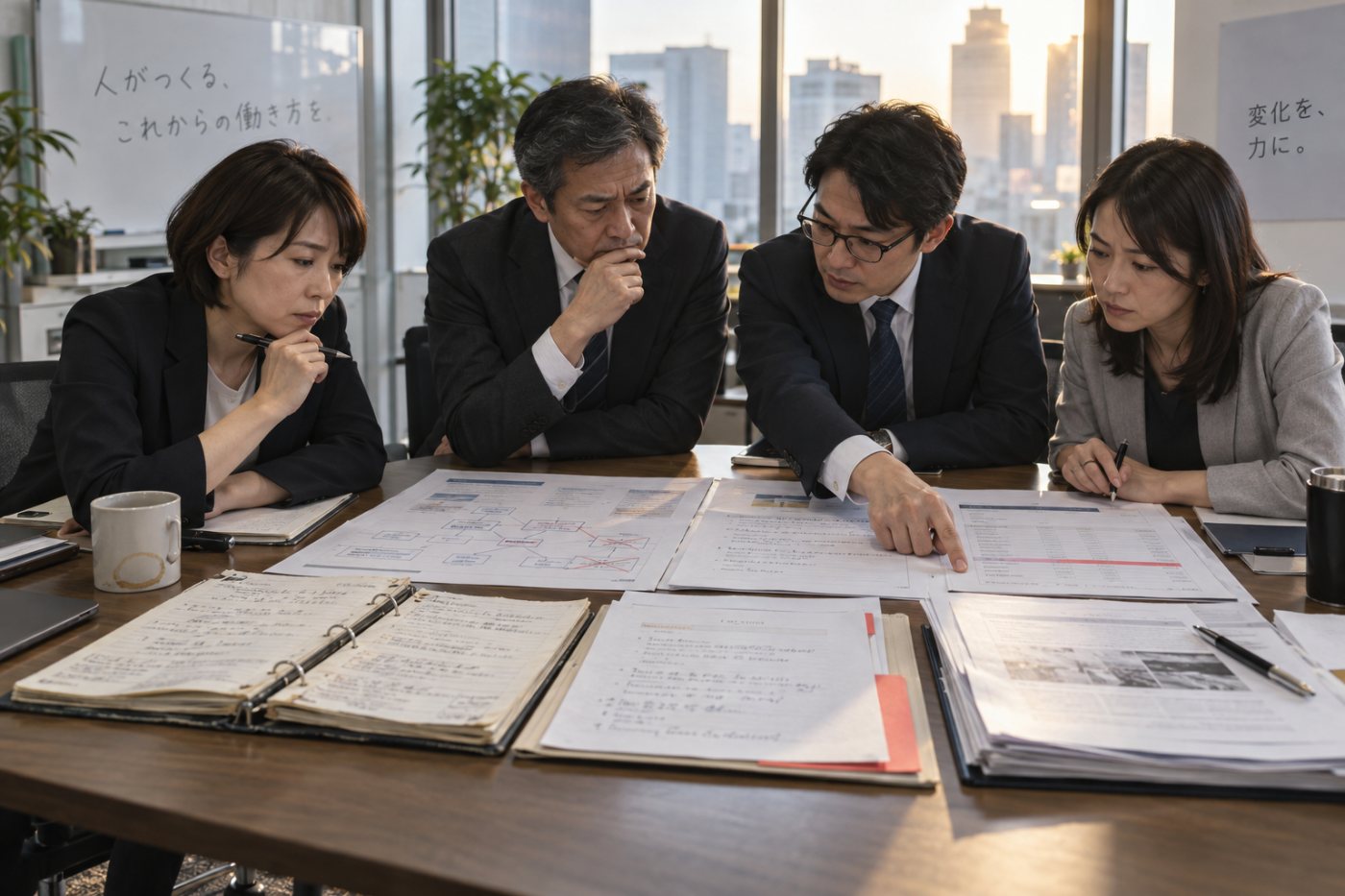 日本企業の責任者が四項目で人員削減案を点検する場面