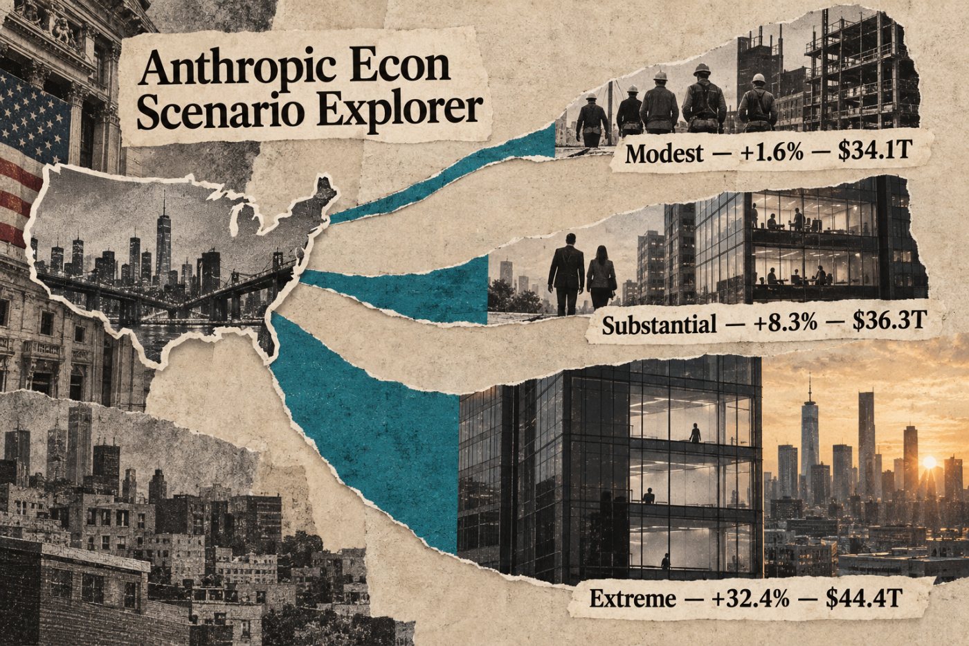 Três cenários da Anthropic comparam adoção de IA e PIB dos Estados Unidos em 2030.
