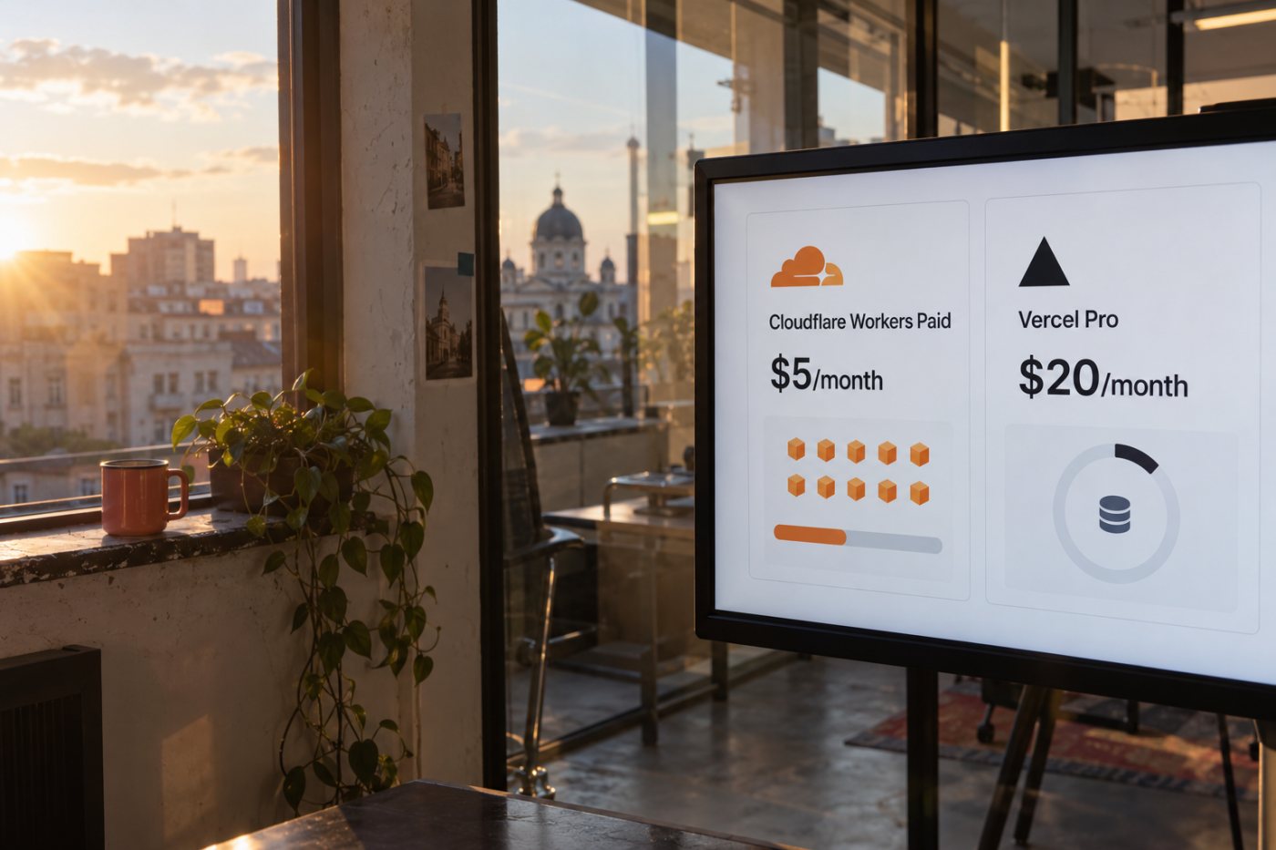 Comparație între prețul de bază al Cloudflare Workers Paid și cel al Vercel Pro, înainte de consumul suplimentar.
