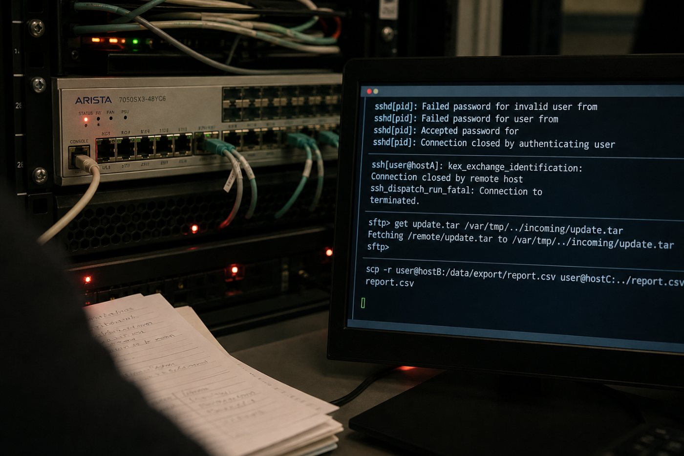 四个OpenSSH漏洞按sshd服务端与SSH、SFTP、SCP客户端路径分开,分别出现认证尝试、客户端崩溃和文件错位结果