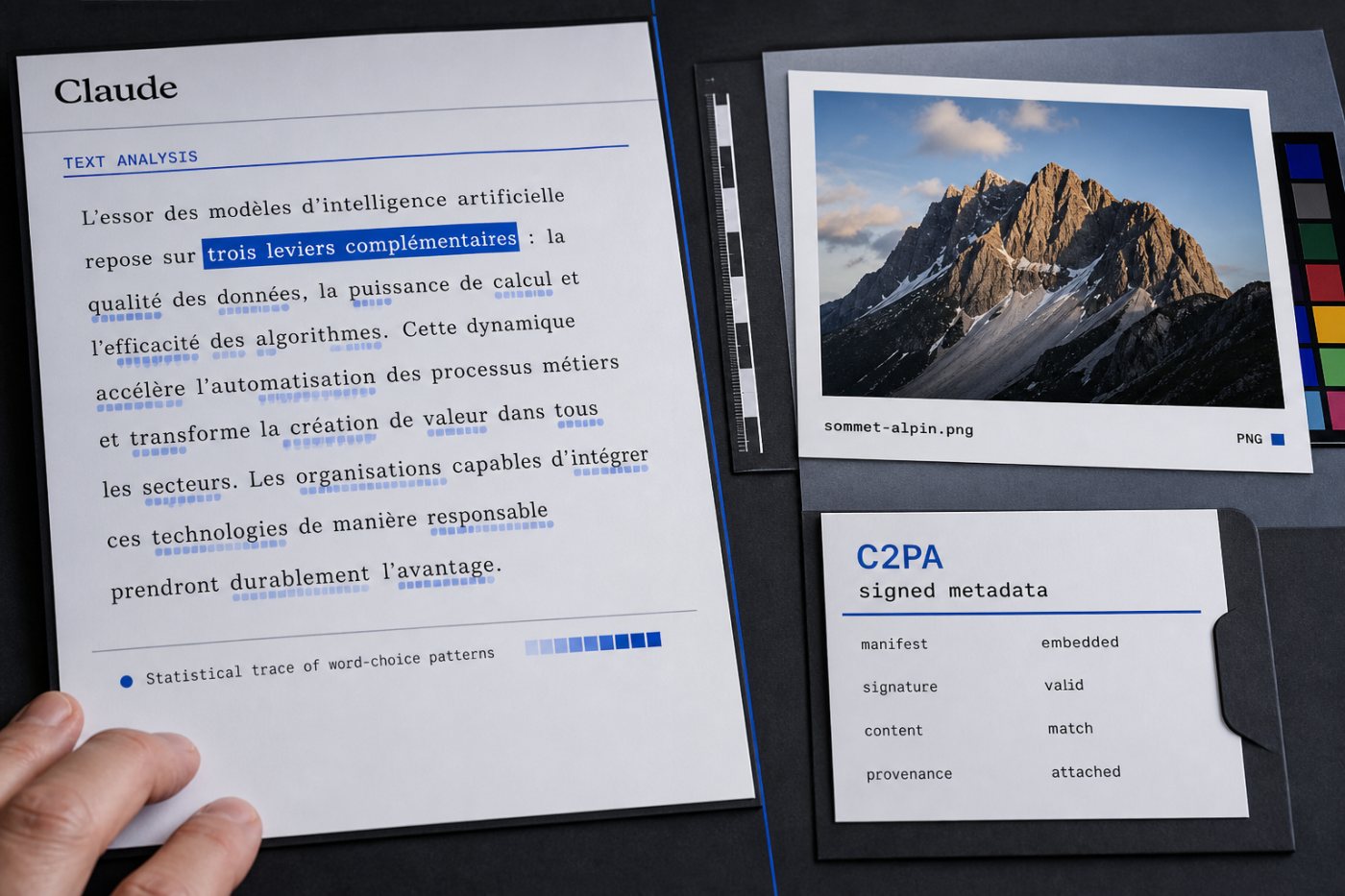 Le texte de Claude est contrôlé pour un motif statistique, tandis qu’un fichier compatible est vérifié par ses métadonnées C2PA.