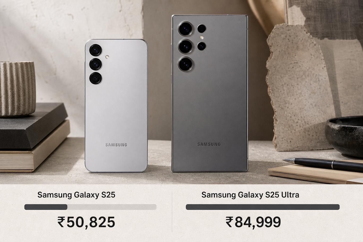 Samsung Galaxy S25 और Galaxy S25 Ultra की बिक्री कीमतों और आकार का तुलना दृश्य