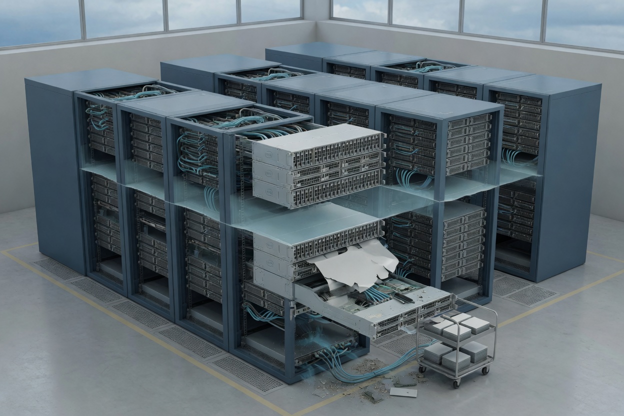 Physical server racks in a data center affected by the Januscape vulnerability