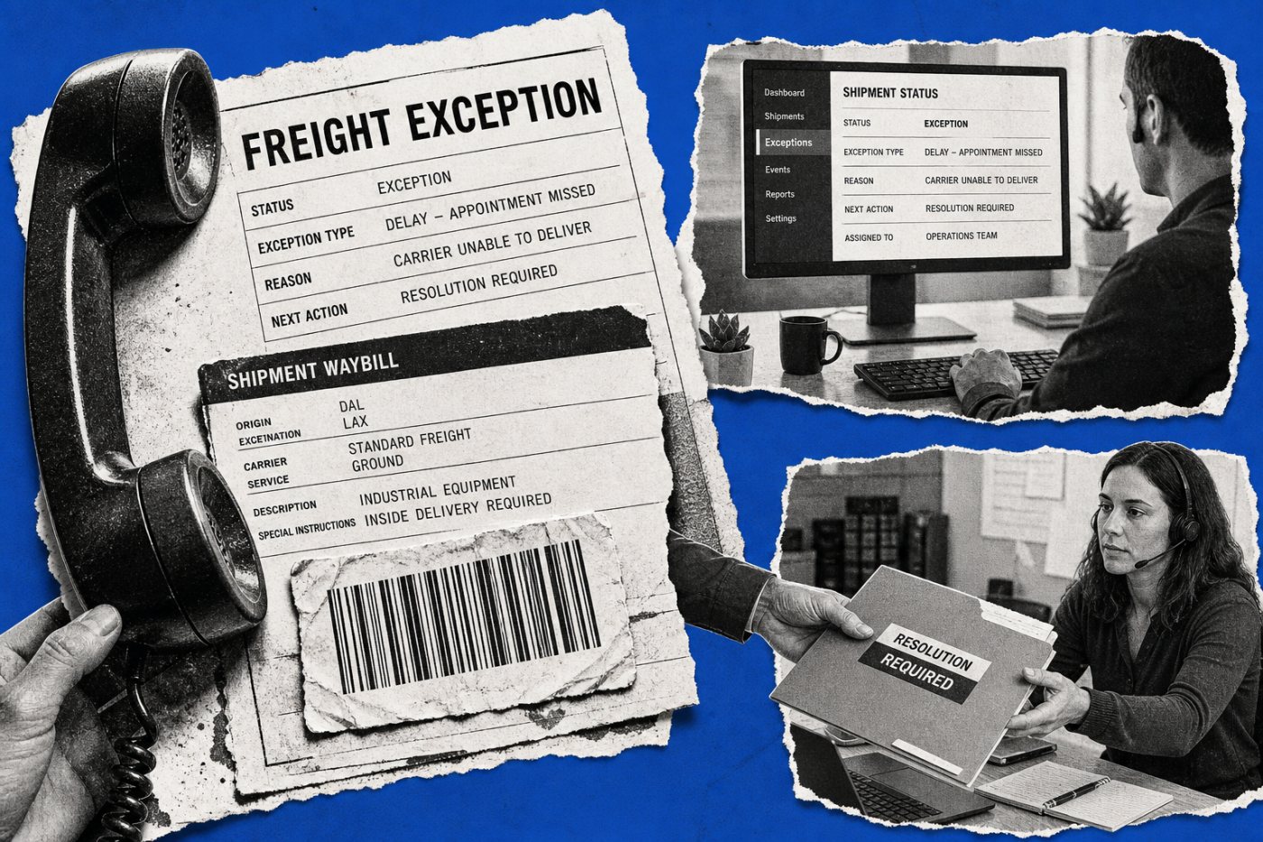 Un agente de HappyRobot coordina una incidencia logística entre una llamada, documentos, sistemas empresariales y supervisión humana.
