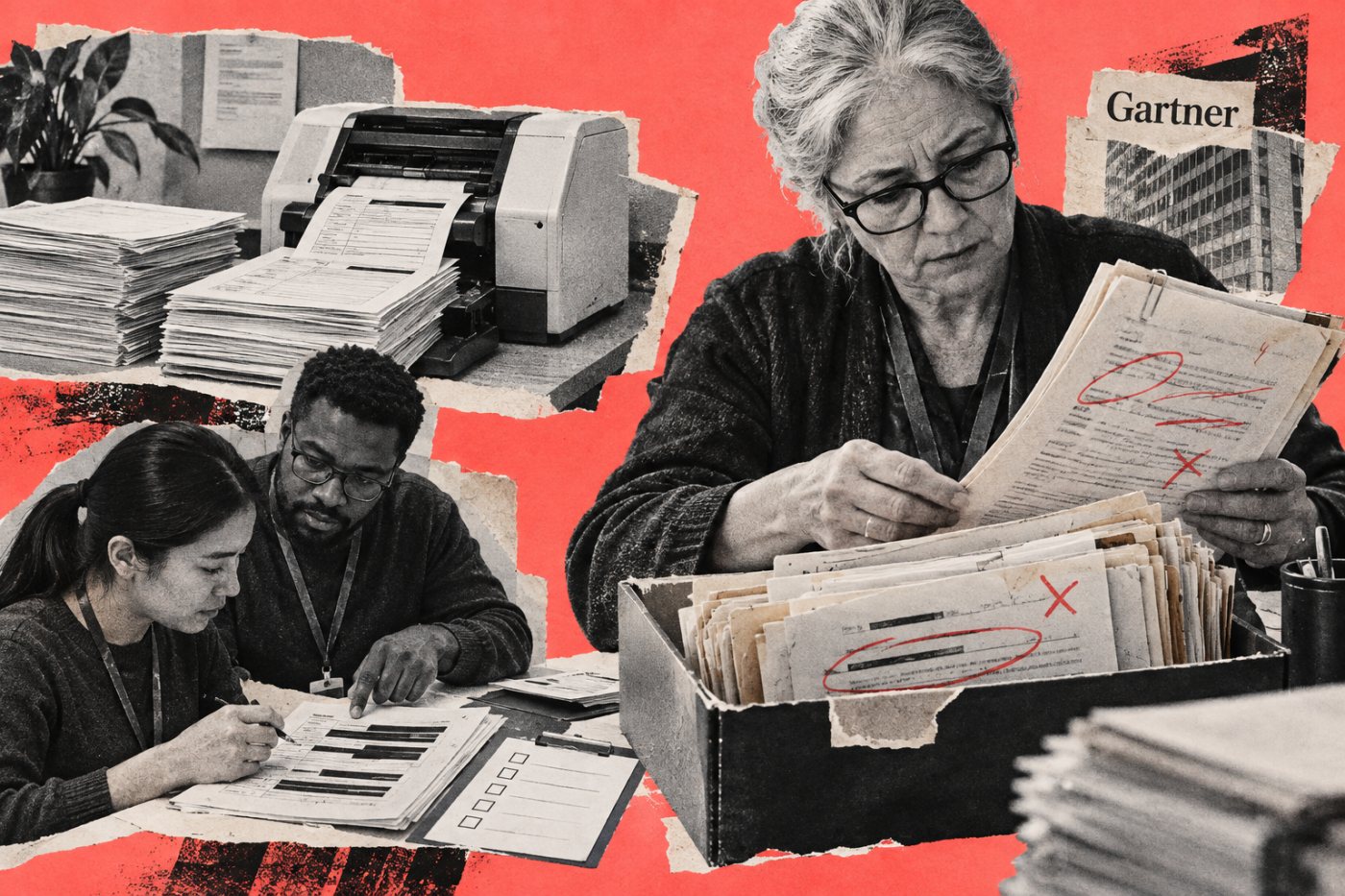 Ein Unternehmen verteilt Routinefälle an KI, Ausnahmen an Fachkräfte und qualifiziert Beschäftigte für die Aufsicht weiter.