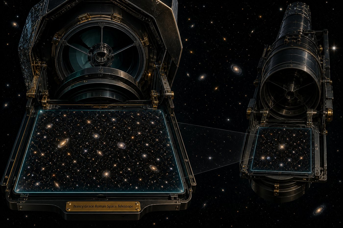 Romans Wide Field Instrument erfasst ein mindestens 100-mal größeres Himmelsfeld als eine vergleichbare Hubble-Aufnahme.
