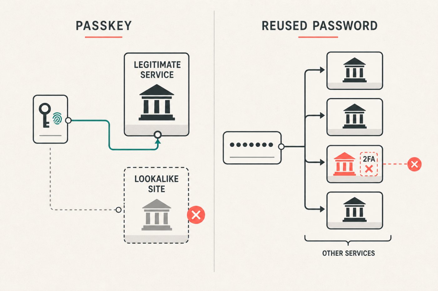 Threat assessment comparing an origin-bound passkey with phishing and password-reuse attacks