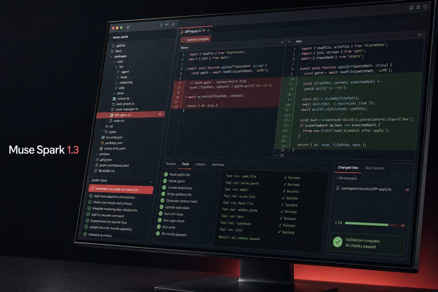Muse Spark 1.3 bearbeitet in Muse Code mehrere zusammenhängende Coding-Schritte und schließt Werkzeugprüfungen ab.