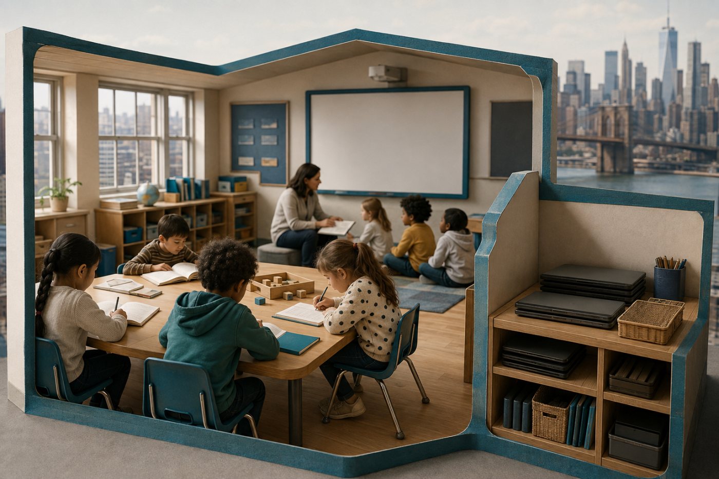 Des élèves du primaire travaillent sans IA générative ni écran individuel pendant une activité dirigée par leur enseignant.