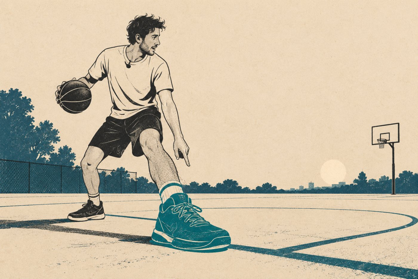 Ein Creator erklärt auf einem Basketballfeld die Fußstellung bei einem Wurf und ergänzt damit einen Sportausschnitt um eine eigene Analyse.