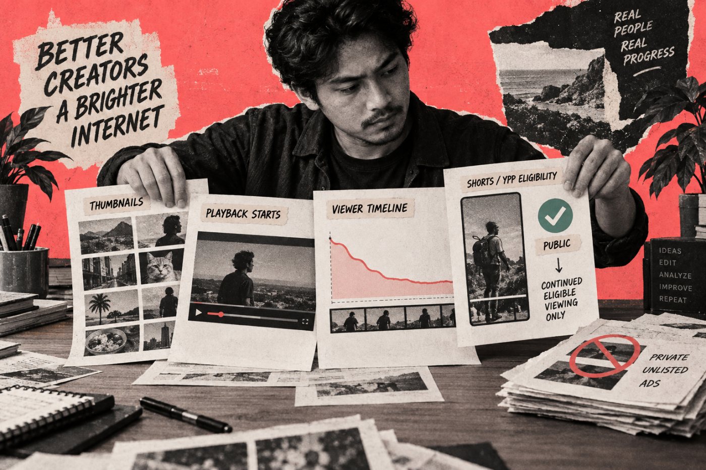 Alur YouTube Analytics memisahkan jangkauan, awal pemutaran, perhatian berlanjut, dan aktivitas yang memenuhi syarat YPP.