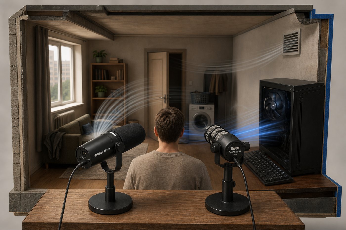 Shure MV7+ и RØDE PodMic USB по-разному подавляют боковой шум в необработанной комнате