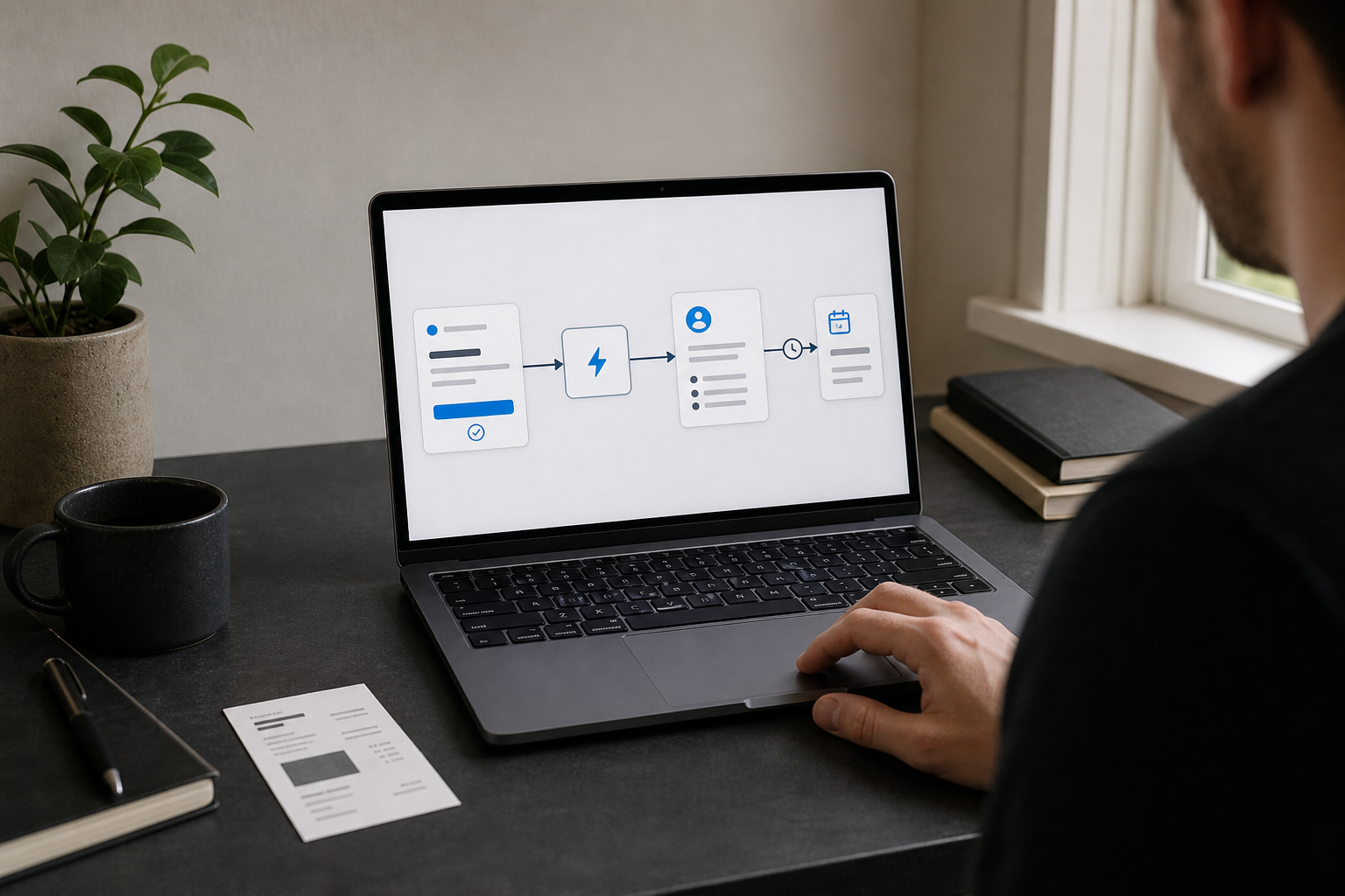An automated workflow sends a product event into a customer record and follow-up