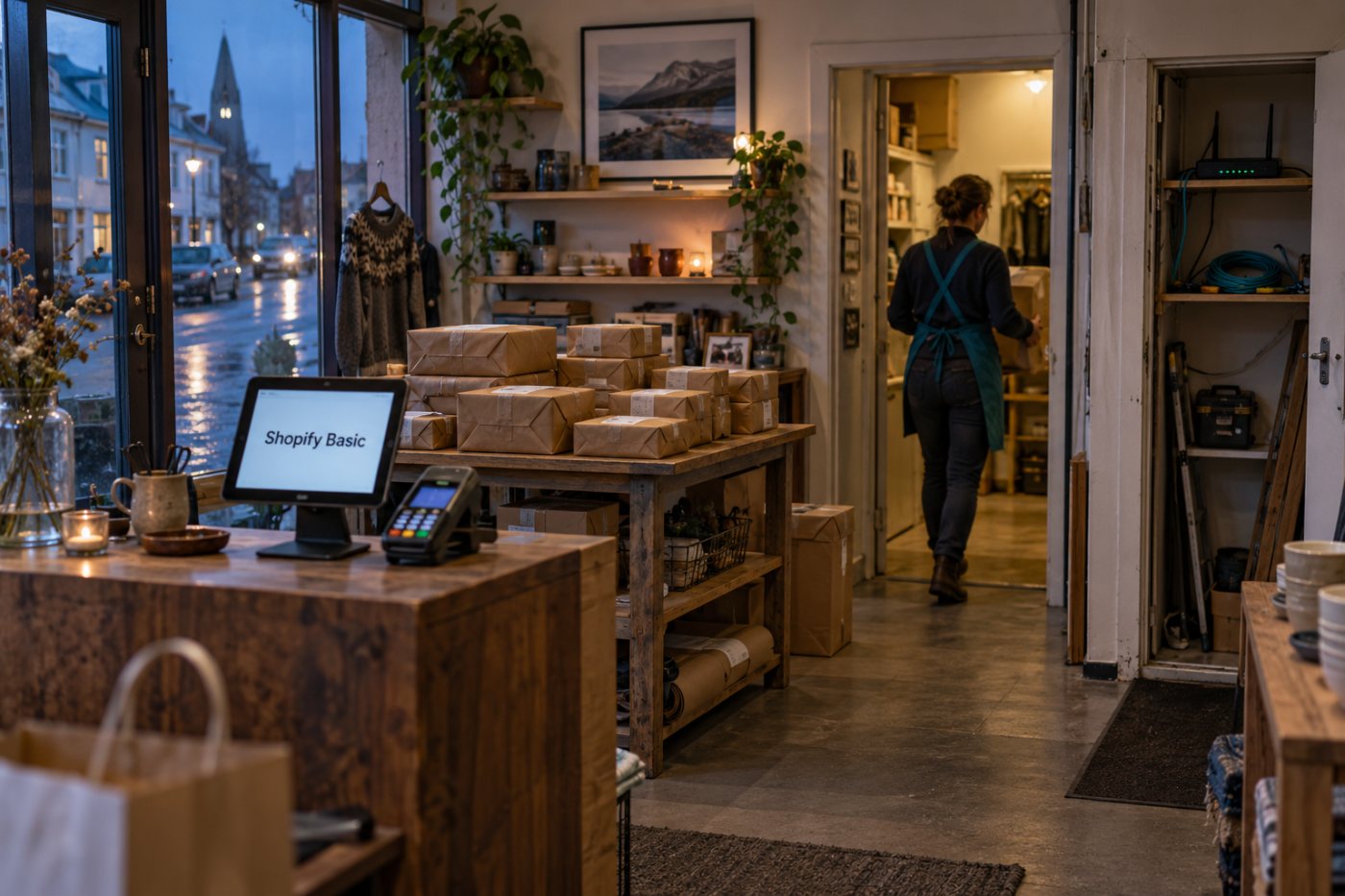 Samanburður á Shopify Basic og WooCommerce þar sem gjald vegna utanaðkomandi greiðslumiðlara fylgir kortaveltu en hýsing og viðbót mynda sérstakan kostnað.
