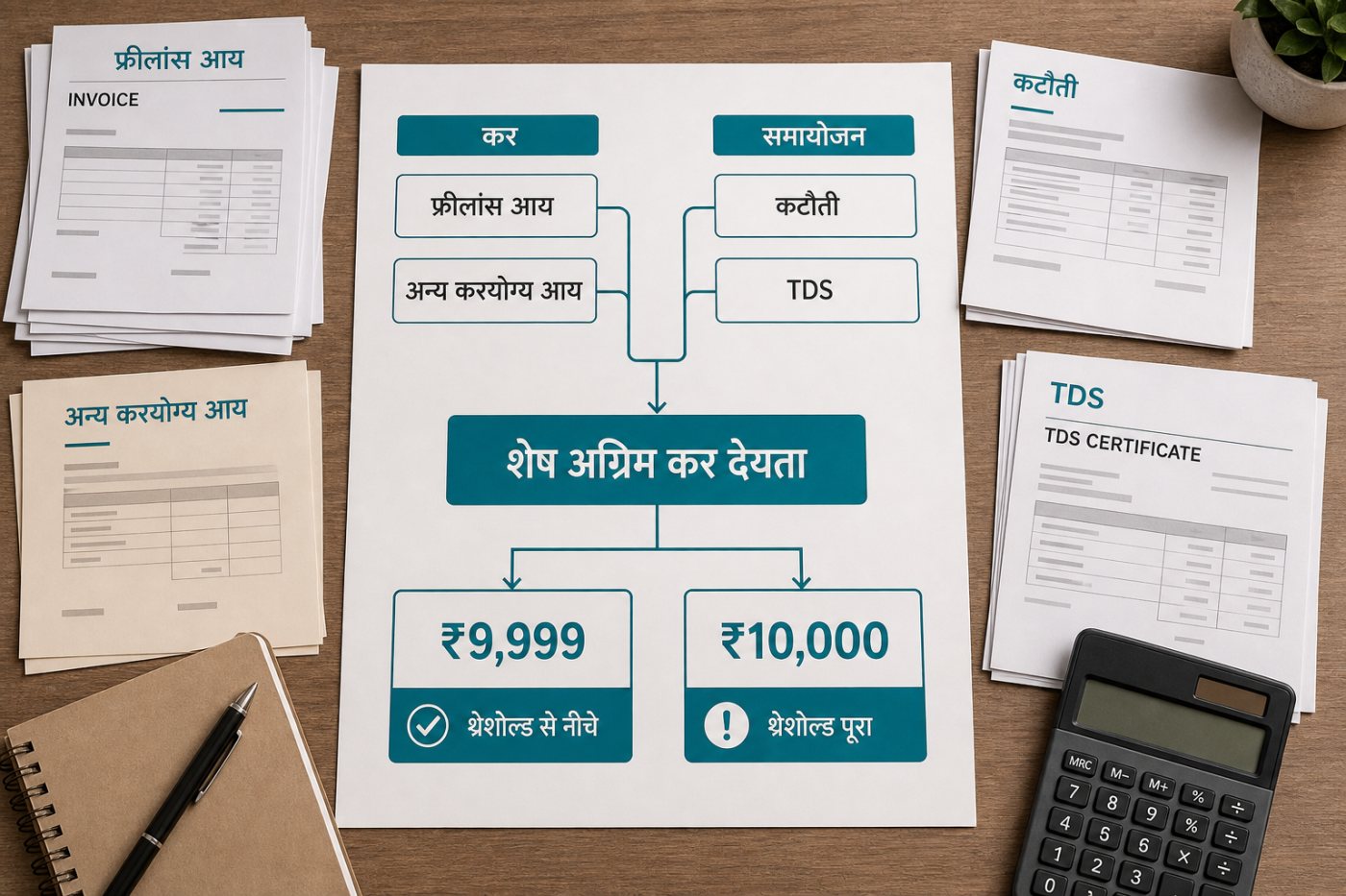 फ्रीलांसर वार्षिक आय और TDS मिलाकर ₹10,000 की अग्रिम कर सीमा जांचता है