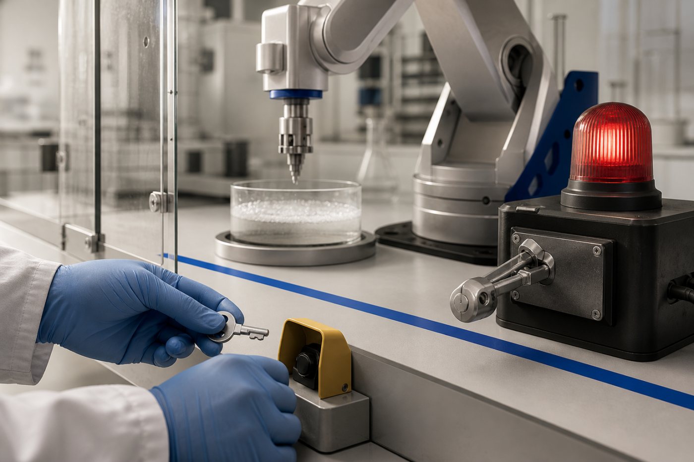 Ein beaufsichtigter MHS-Test stoppt einen Roboterarm an einer festgelegten Grenze vor der menschlichen Freigabe.