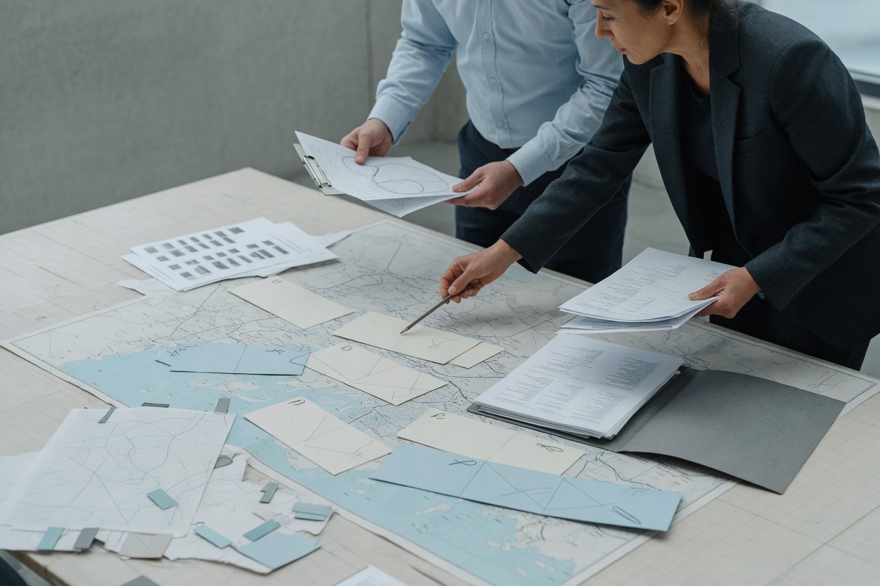 Professionals discussing oil supply plans using paper documents