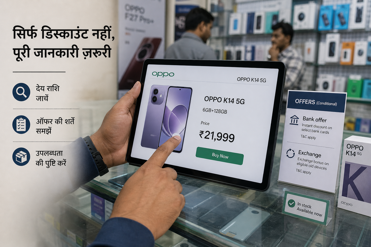 OPPO K14 5G खरीदने से पहले सूचीबद्ध मूल्य, छूट, विनिमय लाभ और स्टॉक की जांच करता खरीदार