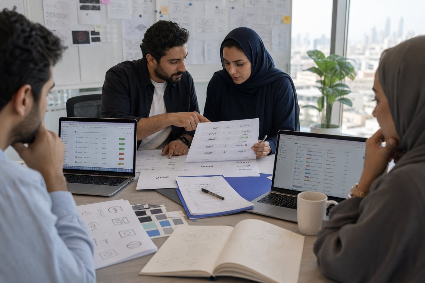 مراجعة اسم شركة ناشئة بصيغتيه العربية واللاتينية عبر النطاقات والحسابات وسجلات العلامات والأسواق المستهدفة.