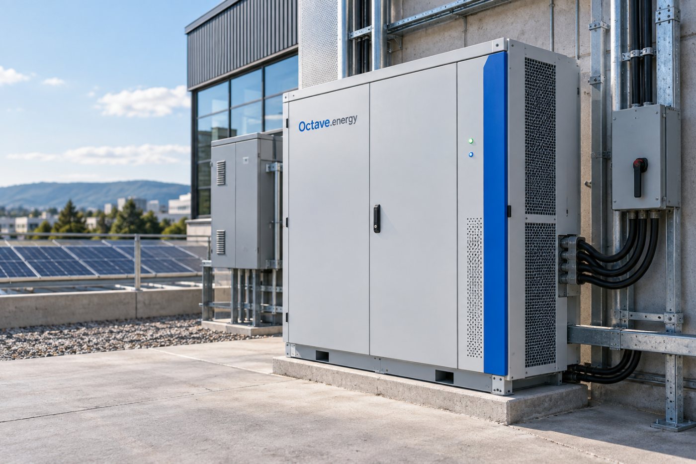 Installation de stockage d’Octave.energy raccordée à l’infrastructure énergétique d’un site commercial.