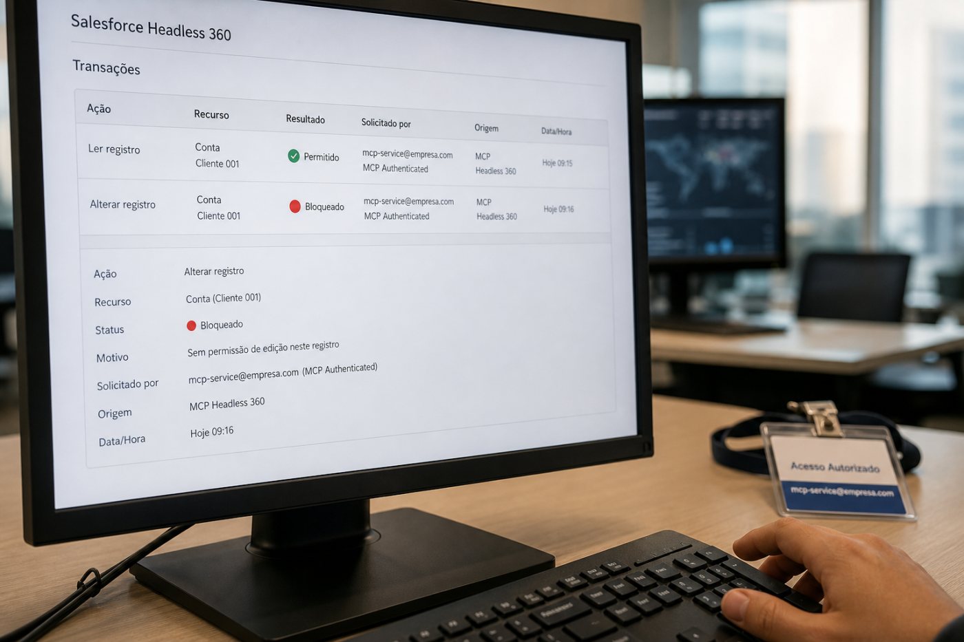 Transação do Headless 360 preserva permissões do Salesforce, permite a leitura autorizada e bloqueia uma alteração restrita.