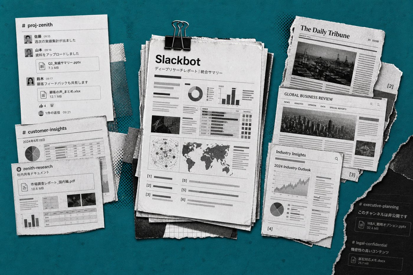 SlackbotのDeep Researchが利用者に許可された社内情報と公開ウェブを横断し、引用付きレポートをまとめる過程