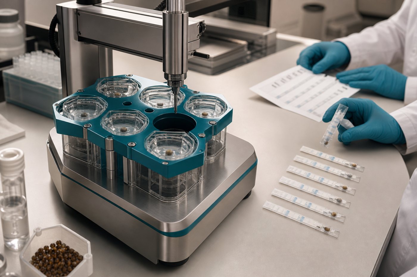 সমমানের শর্তে automated protein assay চালিয়ে throughput ও reproducibility যাচাই করা হচ্ছে।