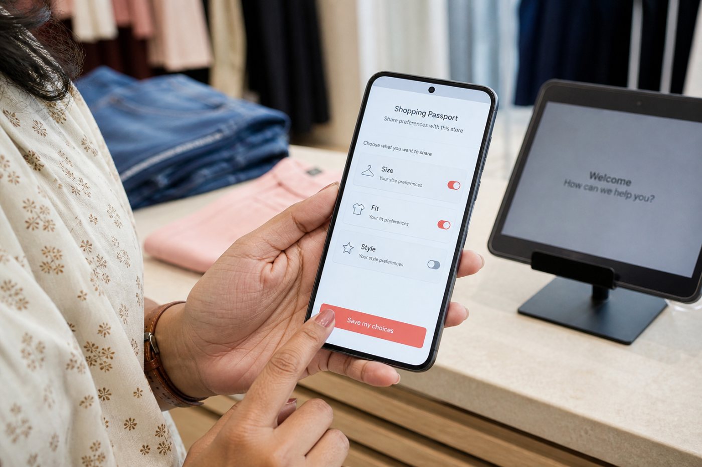 eComID Shopping Passport में नया सहभागी ब्रांड आकार, फिट और शैली की जानकारी इस्तेमाल करने से पहले ग्राहक की अनुमति माँगता है।