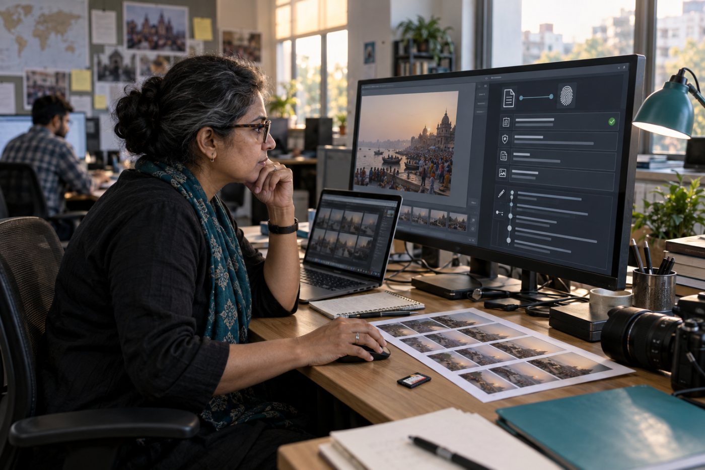 सत्यापनकर्ता C2PA रिकॉर्ड में हस्ताक्षर, हस्ताक्षरकर्ता, निर्माण विधि और दर्ज संपादन पढ़ता हुआ