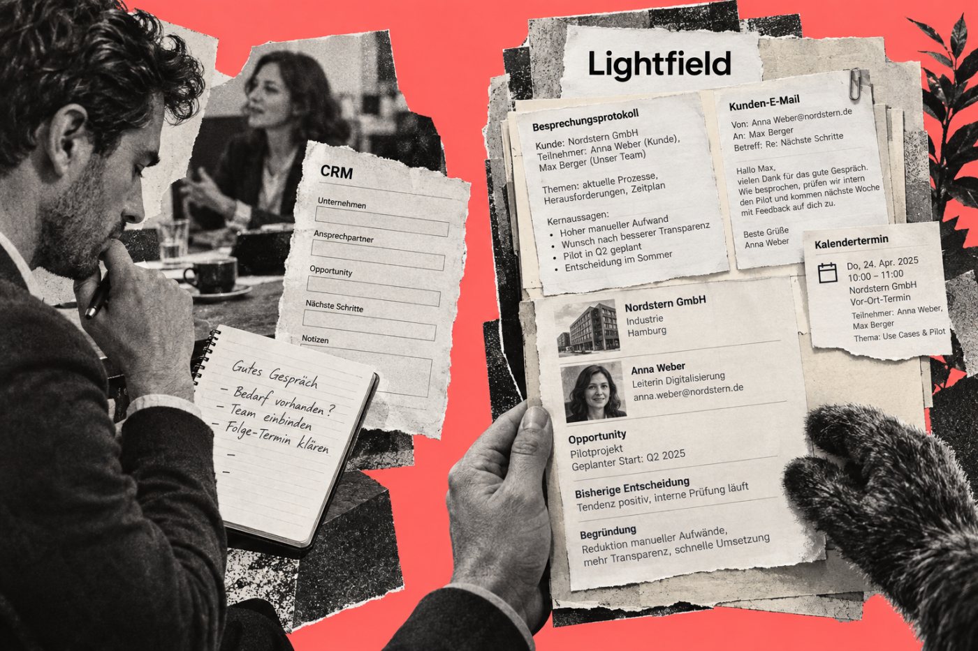 Lightfield führt Gespräch, E-Mail und Termin zu einem fortgeschriebenen Kundenkontext zusammen.