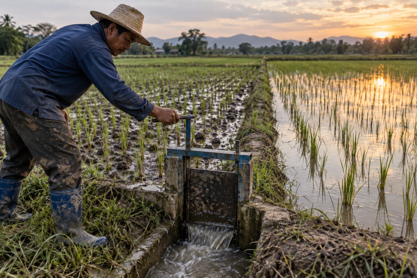 El secado controlado de un arrozal deja suelo visible entre las plantas, un cambio de riego que CarbonFarm busca documentar.