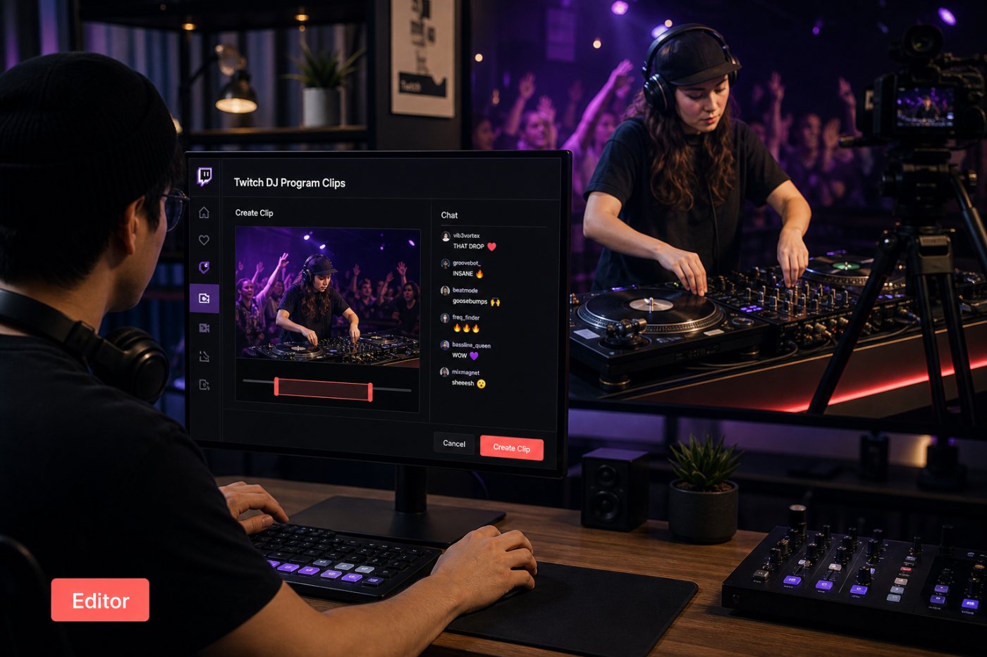 Twitch DJ Program 방송 중 편집자가 장면을 골라 클립을 생성하는 과정